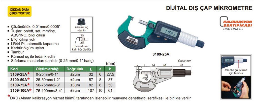 3109 Dijital Dış Çap Mikrometre (Standart Model) 0-25 mm-1