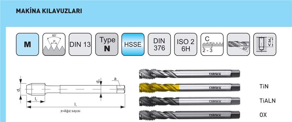 NAREX  DIN 376C HSSE 40° HELİS KILAVUZ M27-1