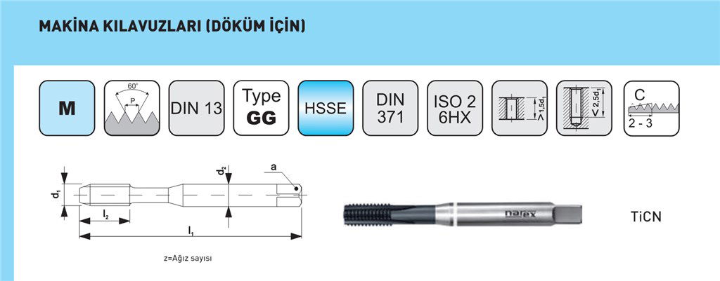 DIN 371DB TiCN HSSE DÜZ KANAL DÖKÜM İÇİN KILAVUZ M8-1