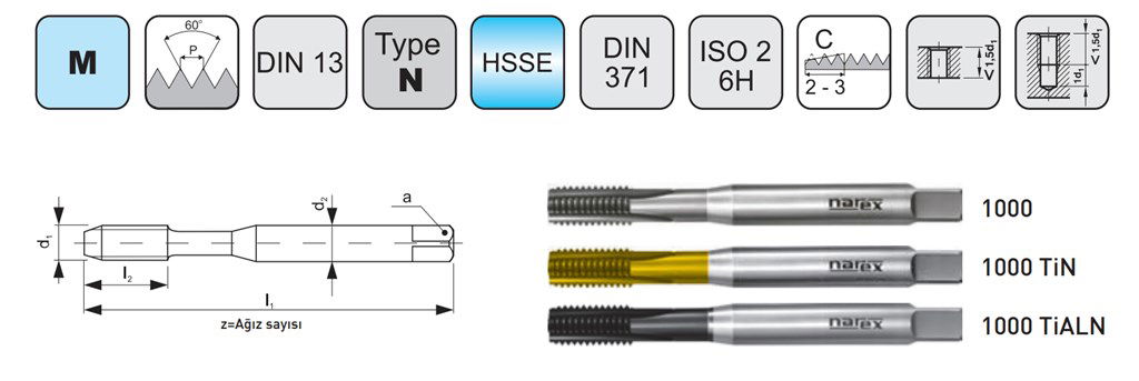 NAREX MAKİNA KILAVUZU DIN N-371D TiN HSSE DÜZ KANAL M5
