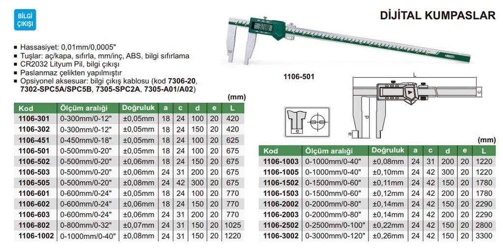 1106 Dijital Kumpas (Tek Çeneli) 0-1500 mm Çene Boyu: 150 mm-1