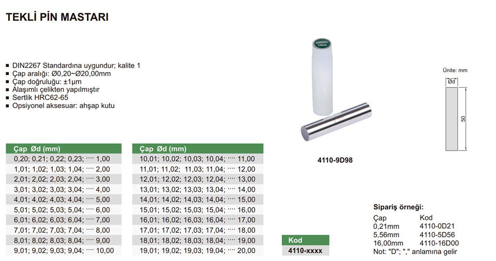 INSIZE 4110-13D97 Pin Mastarı Tekli-2